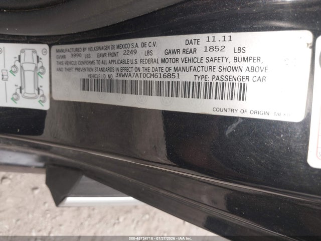 2012 Volkswagen Beetle 2.0t Turbo მანქანა იყიდება აუქციონზე, vin: 3VWVA7AT0CM616851, აუქციონის ნომერი: 45734718