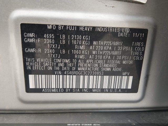45734730 :رقم المزاد ، 4S4BRDGC3C2230853 vin ، 2012 Subaru Outback 3.6r Limited مزاد بيع