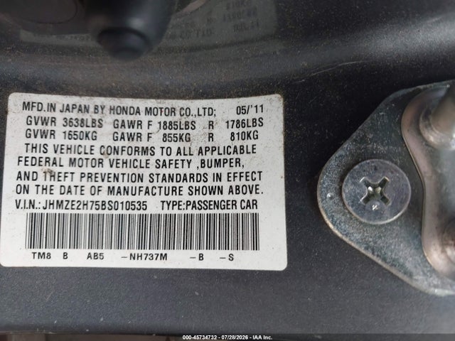 Aukcja sprzedaży 2011 Honda Insight Ex, vin: JHMZE2H75BS010535, numer aukcji: 45734732