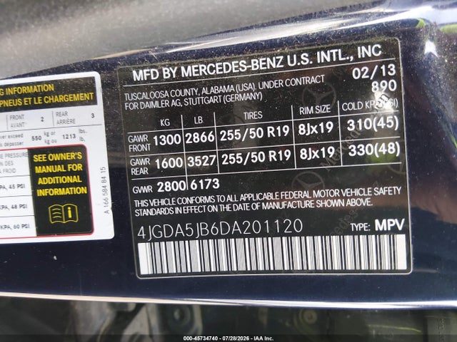 2013 Mercedes-benz Ml 350 მანქანა იყიდება აუქციონზე, vin: 4JGDA5JB6DA201120, აუქციონის ნომერი: 45734740