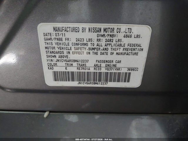 2011 Infiniti G37x მანქანა იყიდება აუქციონზე, vin: JN1CV6AR0BM412237, აუქციონის ნომერი: 45734744
