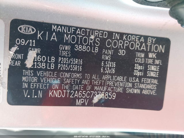 45734749 :رقم المزاد ، KNDJT2A65C7376859 vin ، 2012 Kia Soul + مزاد بيع