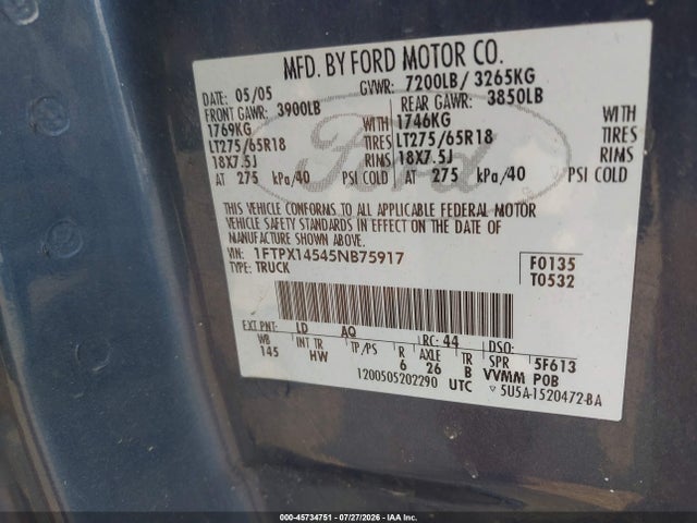 Auction sale of the 2005 Ford F-150 Fx4/lariat/xl/xlt, vin: 1FTPX14545NB75917, lot number: 45734751