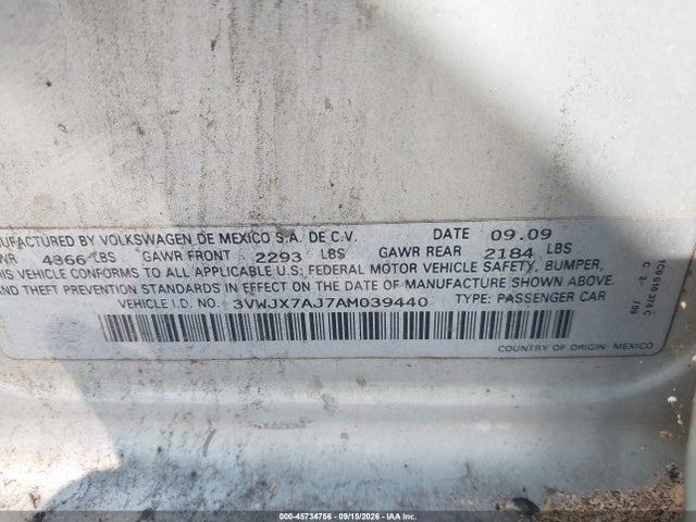 Продажа на аукционе авто 2010 Volkswagen Jetta S, vin: 3VWJX7AJ7AM039440, номер лота: 45734756