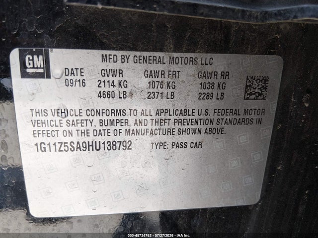 Aukcja sprzedaży 2017 Chevrolet Impala Ls, vin: 1G11Z5SA9HU138792, numer aukcji: 45734762