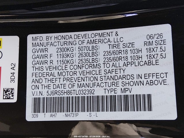 5J6RS5H86TL032392 Honda Cr-v Hybrid 2wd Sport-l