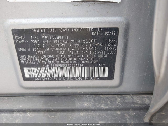 Продажа на аукционе авто 2012 Subaru Outback 2.5i Premium, vin: 4S4BRBGC8C3264026, номер лота: 45734771