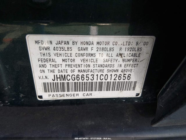45734781 :رقم المزاد ، JHMCG66531C012656 vin ، 2001 Honda Accord 2.3 Lx مزاد بيع