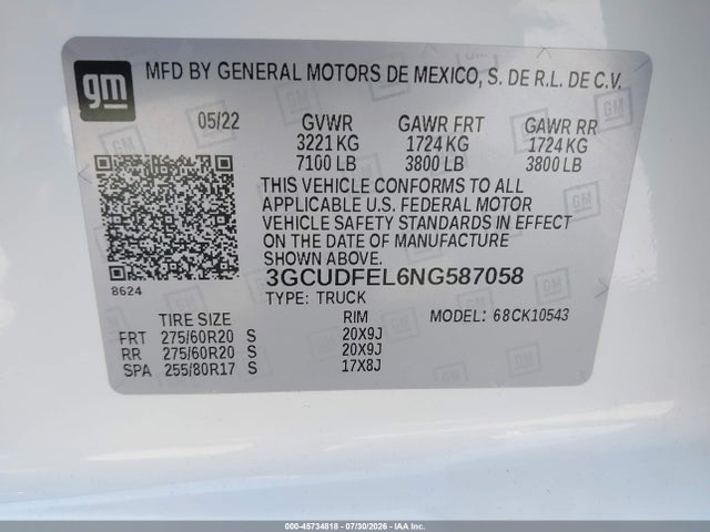 Продажа на аукционе авто 2022 Chevrolet Silverado 1500 4wd  Short Bed Lt Trail Boss, vin: 3GCUDFEL6NG587058, номер лота: 45734818