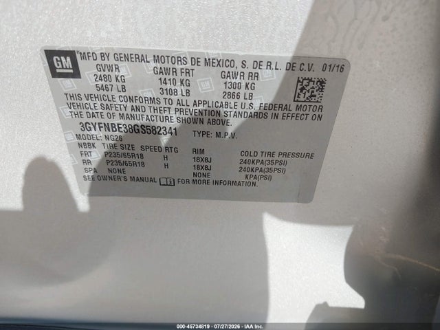 3GYFNBE38GS582341 Cadillac Srx Luxury Collection