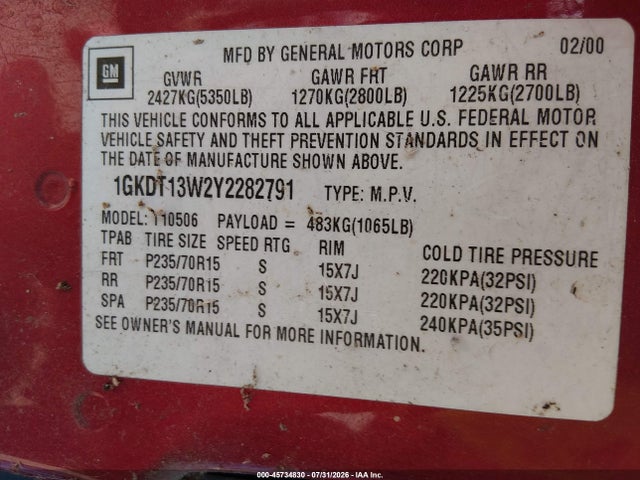 Aukcja sprzedaży 2000 Gmc Jimmy Sle, vin: 1GKDT13W2Y2282791, numer aukcji: 45734830