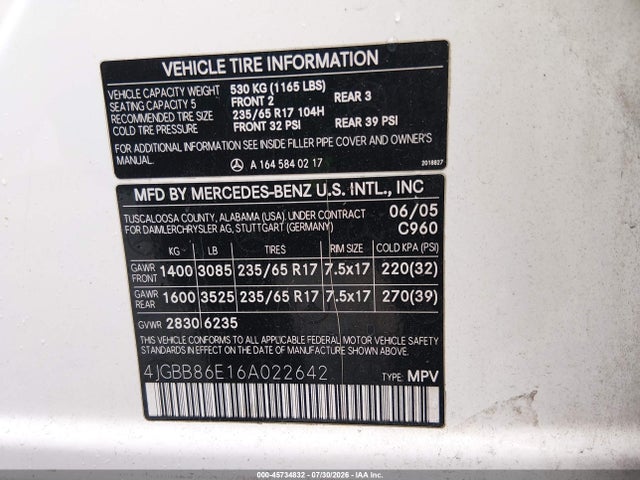 Продажа на аукционе авто 2006 Mercedes-benz Ml 350 4matic, vin: 4JGBB86E16A022642, номер лота: 45734832