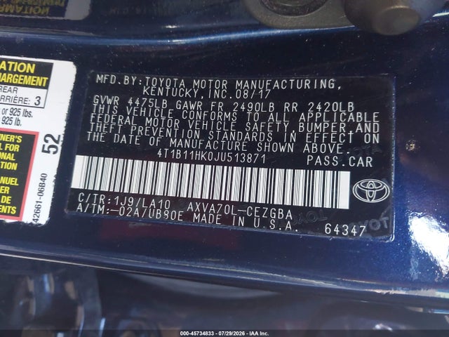 4T1B11HK0JU513871 Toyota CAMRY XLE