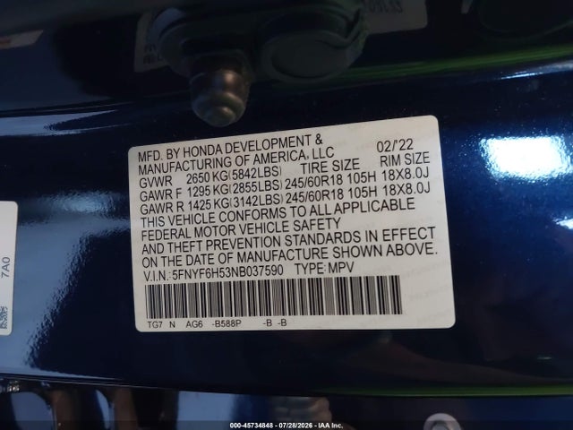 Honda Pilot Awd Ex-l 2022 5FNYF6H53NB037590 Image 9