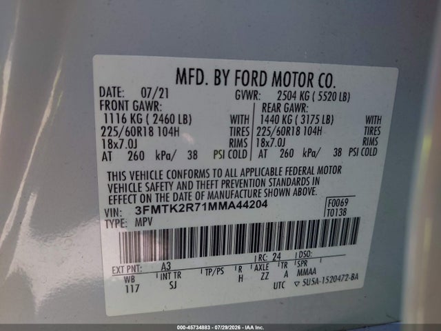Продажа на аукционе авто 2021 Ford Mustang Mach-e California Route 1, vin: 3FMTK2R71MMA44204, номер лота: 45734883