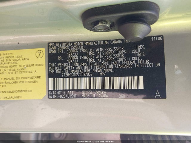 45734912 :رقم المزاد ، 2T2HK31U27C037059 vin ، 2007 Lexus Rx 350 مزاد بيع