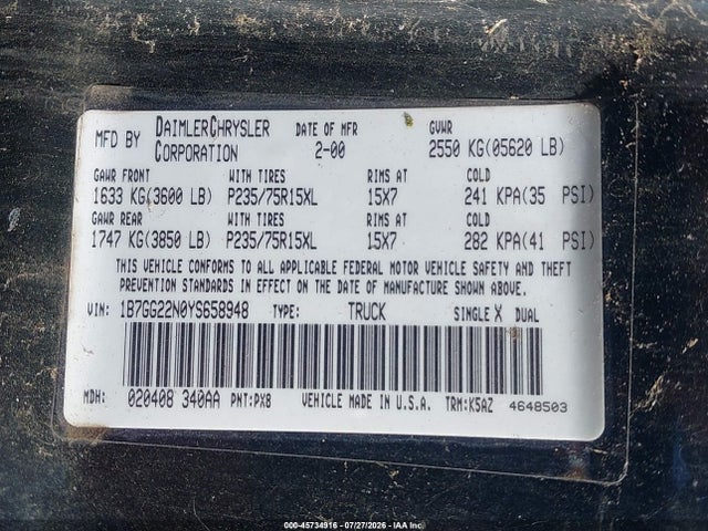 Aukcja sprzedaży 2000 Dodge Dakota Slt/sport, vin: 1B7GG22N0YS658948, numer aukcji: 45734916