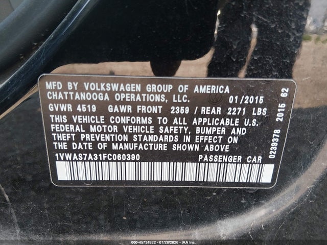 2015 Volkswagen Passat 1.8t S მანქანა იყიდება აუქციონზე, vin: 1VWAS7A31FC060390, აუქციონის ნომერი: 45734922
