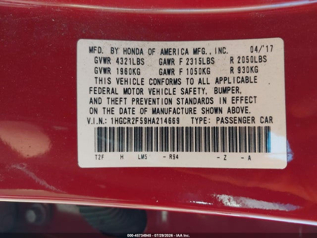 1HGCR2F59HA214669 Honda Accord Sport