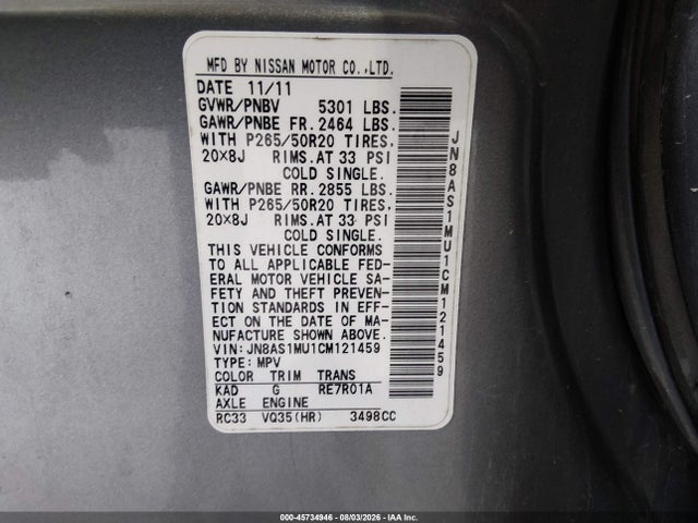 45734946 :رقم المزاد ، JN8AS1MU1CM121459 vin ، 2012 Infiniti Fx35 مزاد بيع