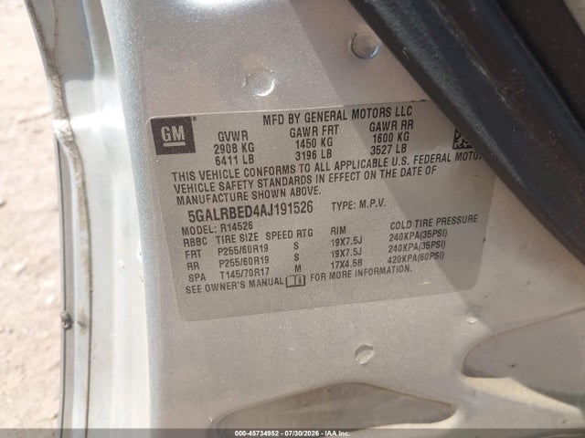 2010 Buick Enclave 1xl მანქანა იყიდება აუქციონზე, vin: 5GALRBED4AJ191526, აუქციონის ნომერი: 45734952