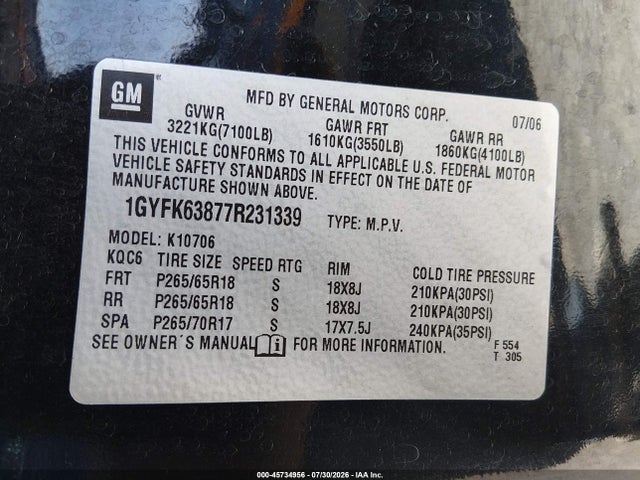 2007 Cadillac Escalade მანქანა იყიდება აუქციონზე, vin: 1GYFK63877R231339, აუქციონის ნომერი: 45734956