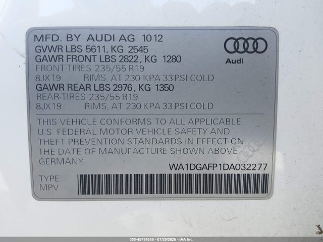 Aukcja sprzedaży 2013 Audi Q5 3.0t Premium Plus, vin: WA1DGAFP1DA032277, numer aukcji: 45734958