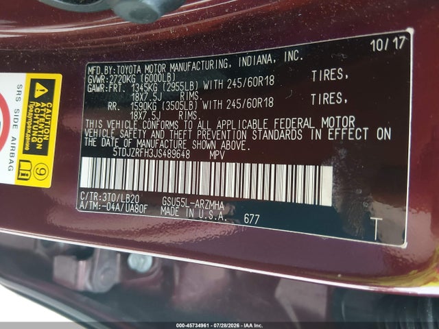 5TDJZRFH3JS489648 Toyota Highlander Xle