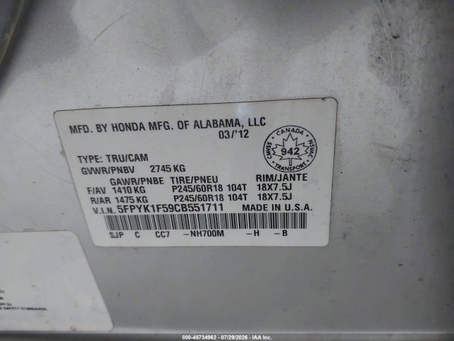 Продажа на аукционе авто 2012 Honda Ridgeline Rtl, vin: 5FPYK1F59CB551711, номер лота: 45734962