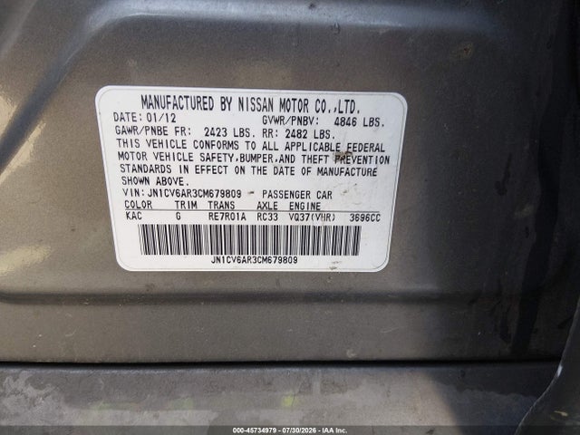 Aukcja sprzedaży 2012 Infiniti G37x, vin: jn1cv6ar3cm679809, numer aukcji: 45734979