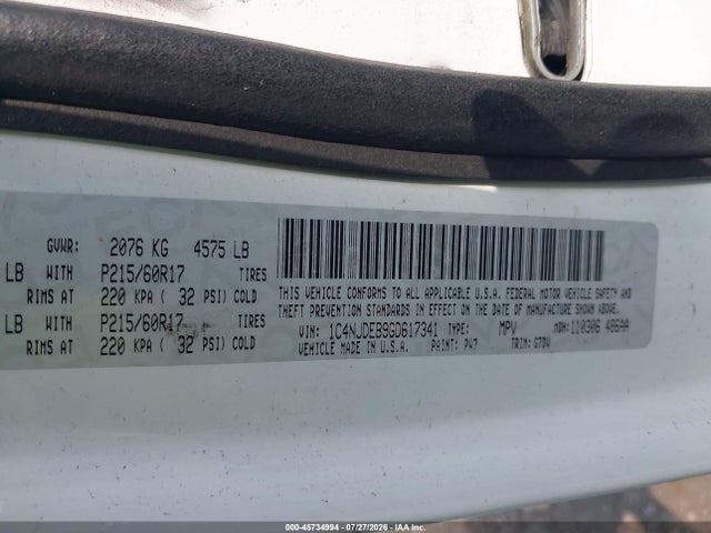 2016 Jeep Compass Latitude მანქანა იყიდება აუქციონზე, vin: 1C4NJDEB9GD617341, აუქციონის ნომერი: 45734994