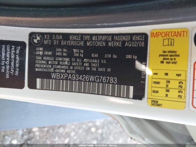 2006 Bmw X3 3.0i მანქანა იყიდება აუქციონზე, vin: WBXPA93426WG76783, აუქციონის ნომერი: 45734996