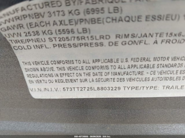 45735005 :رقم المزاد ، 573TT2725L8803229 vin ، 2020 Grand Design Other مزاد بيع