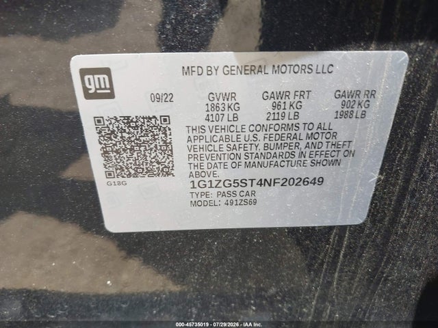 45735019 :رقم المزاد ، 1G1ZG5ST4NF202649 vin ، 2022 Chevrolet Malibu Fwd Rs مزاد بيع