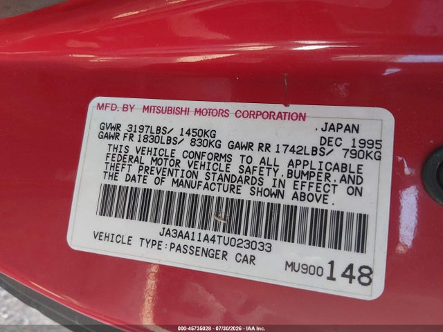 Auction sale of the 1996 Mitsubishi Mirage S, vin: JA3AA11A4TU023033, lot number: 45735028