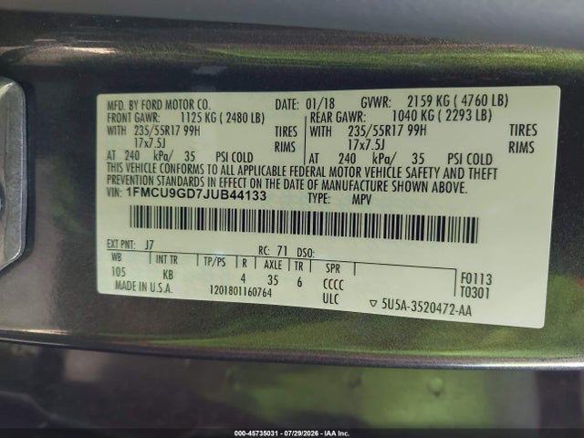 Ford ESCAPE SE 2018 1FMCU9GD7JUB44133 Image 9