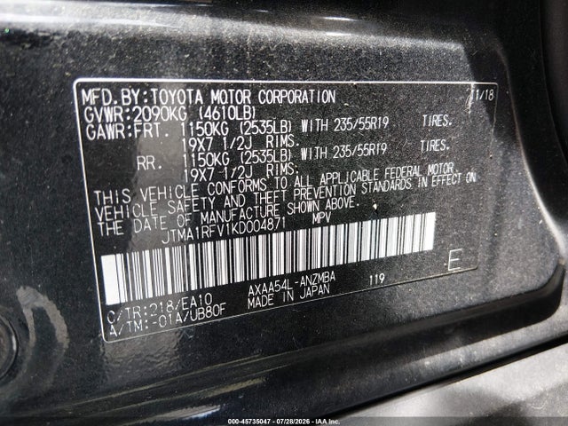 45735047 :رقم المزاد ، JTMA1RFV1KD004871 vin ، 2019 Toyota Rav4 Xle Premium مزاد بيع