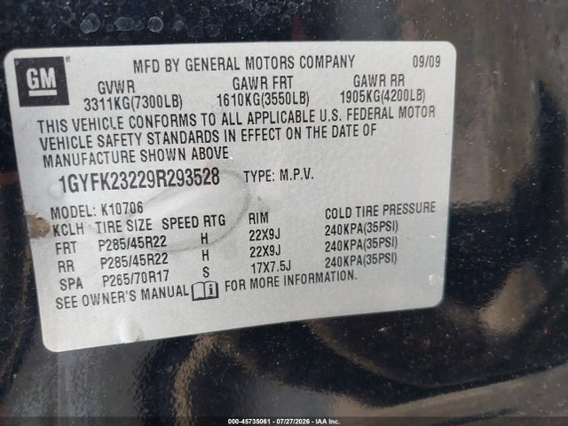 2009 Cadillac Escalade Standard მანქანა იყიდება აუქციონზე, vin: 1GYFK23229R293528, აუქციონის ნომერი: 45735061
