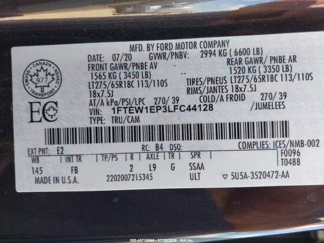 2020 Ford F-150 Xlt მანქანა იყიდება აუქციონზე, vin: 1FTEW1EP3LFC44128, აუქციონის ნომერი: 45735068