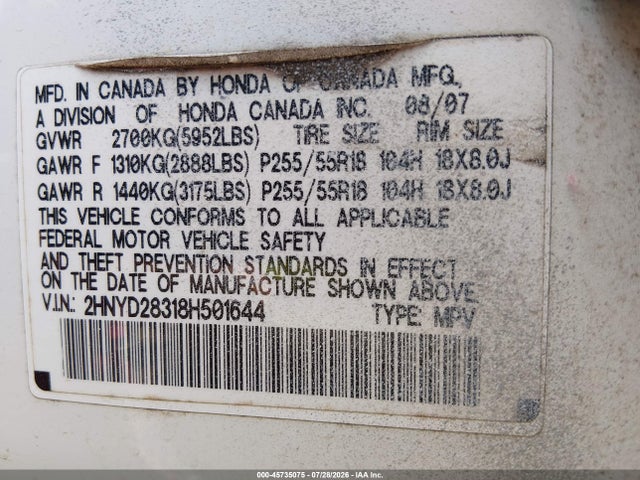 Продаж на аукціоні авто 2008 Acura Mdx Technology Package, vin: 2HNYD28318H501644, номер лоту: 45735075