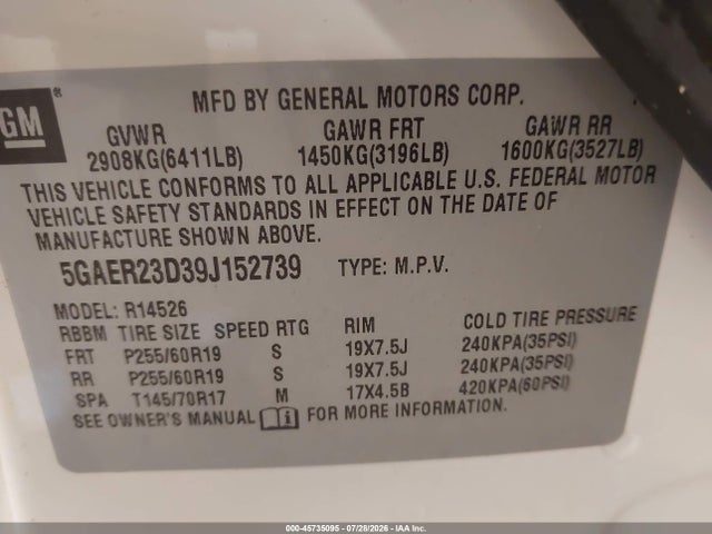 Продажа на аукционе авто 2009 Buick Enclave Cxl, vin: 5GAER23D39J152739, номер лота: 45735095