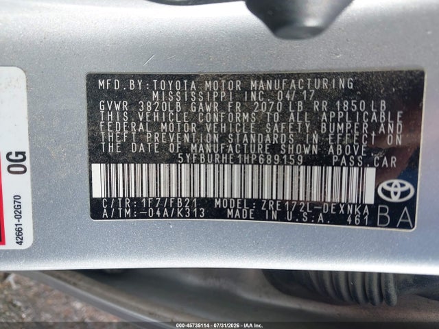 Aukcja sprzedaży 2017 Toyota Corolla Le, vin: 5YFBURHE1HP689159, numer aukcji: 45735114