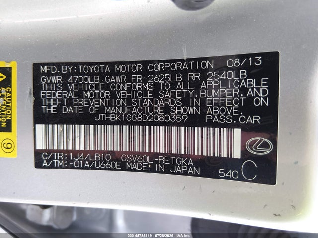 Продажа на аукционе авто 2013 Lexus Es 350, vin: JTHBK1GG8D2080359, номер лота: 45735119