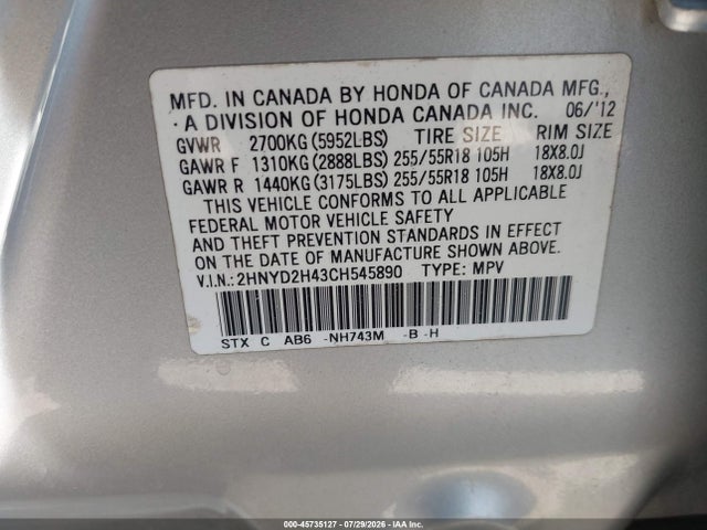 Aukcja sprzedaży 2012 Acura Mdx Technology Package, vin: 2HNYD2H43CH545890, numer aukcji: 45735127