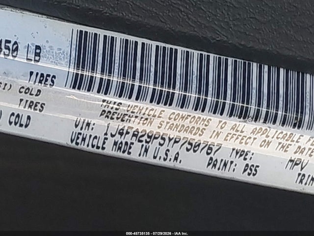 45735135 :رقم المزاد ، 1J4FA29P5YP750767 vin ، 2000 Jeep Wrangler Se مزاد بيع