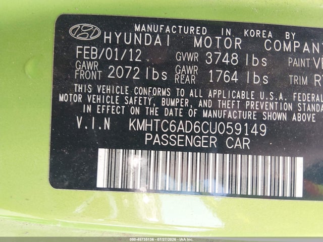 2012 Hyundai Veloster Base W/black მანქანა იყიდება აუქციონზე, vin: KMHTC6AD6CU059149, აუქციონის ნომერი: 45735136