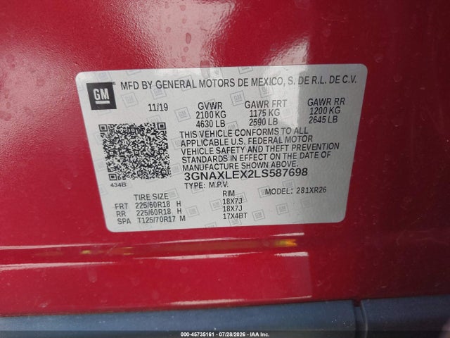 2020 Chevrolet Equinox Fwd Lt 2.0l Turbo მანქანა იყიდება აუქციონზე, vin: 3GNAXLEX2LS587698, აუქციონის ნომერი: 45735161