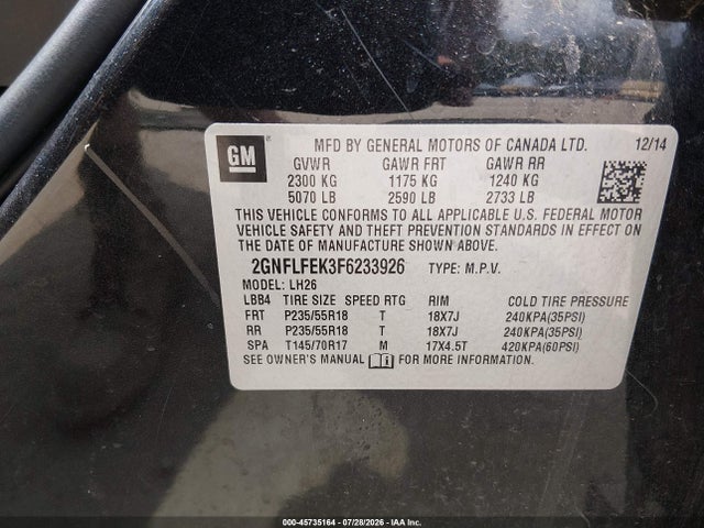 Продаж на аукціоні авто 2015 Chevrolet Equinox Lt, vin: 2GNFLFEK3F6233926, номер лоту: 45735164