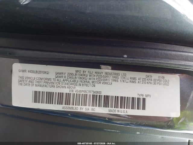 45735165 :رقم المزاد ، 4S4BP66C097340600 vin ، 2009 Subaru Outback 2.5i Limited مزاد بيع