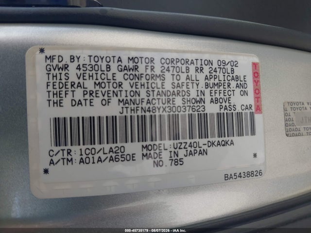 Aukcja sprzedaży 2003 Lexus Sc 430, vin: JTHFN48YX30037623, numer aukcji: 45735179